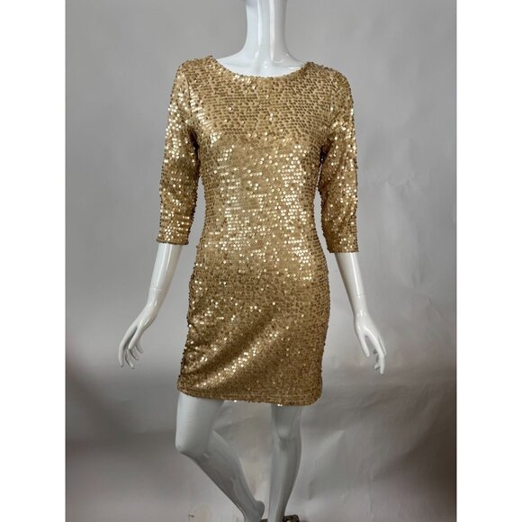 Fredericks Of Hollywood Gold Sequin Dress With 3/4 Sleeves & Low Back Design Siz - Picture 7 of 16